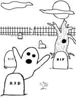 Halloween coloring picture of a ghost in a cemetary.